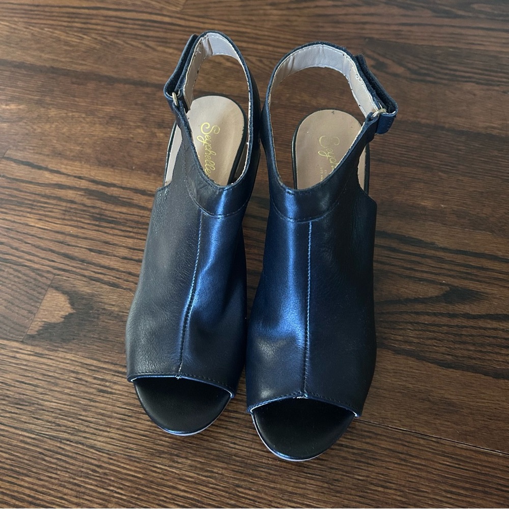 Seychelles Black Peep Toe Leather High Heel Sandals Size 8 - Picture 2 of 10